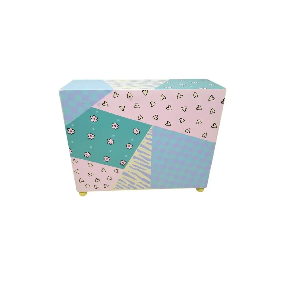 Vintage Y2K Small Wooden Jewelry box chest Table Top Whimsical Patchwork Vernon